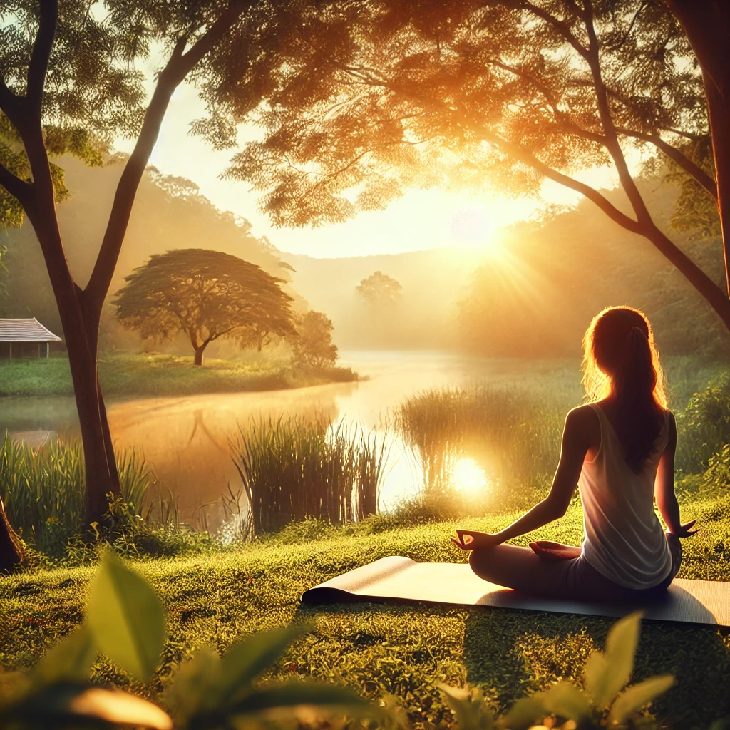 A serene yoga practice with individuals in a tranquil setting